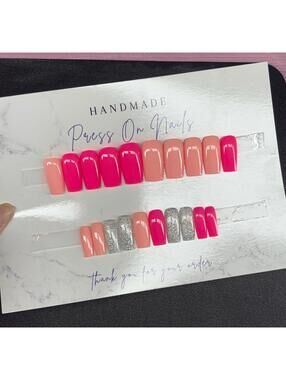 Medium square Press on nails silver glitter neon pink peach handmade gel